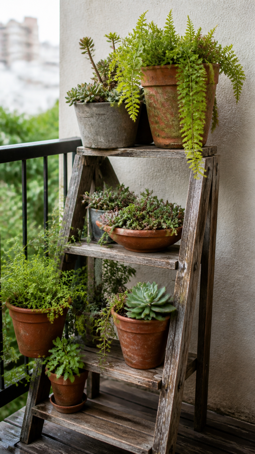 An old wooden step ladder used as a plant stand on a small balcony, holding various potted succulents and ferns, shot...