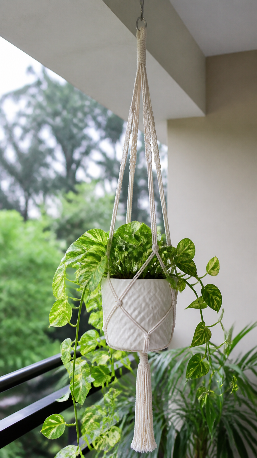 A white macrame plant hanger holding a trailing pothos plant in a ceramic pot, hanging from a balcony overhang, captu...