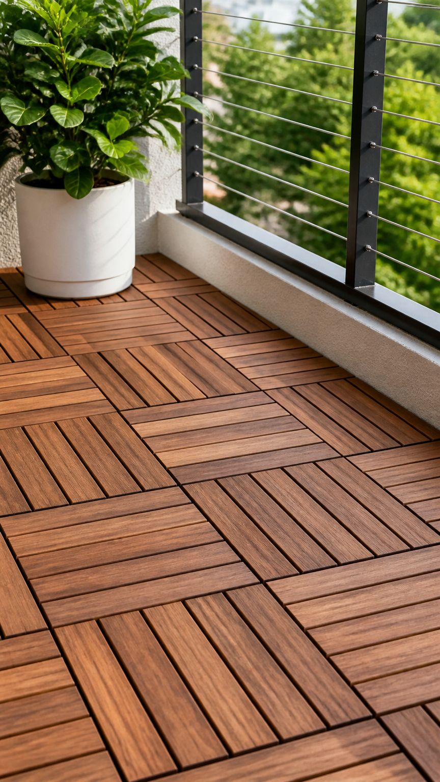 Interlocking wooden deck tiles covering a concrete balcony floor, paired with a small potted plant, shot with a high-...