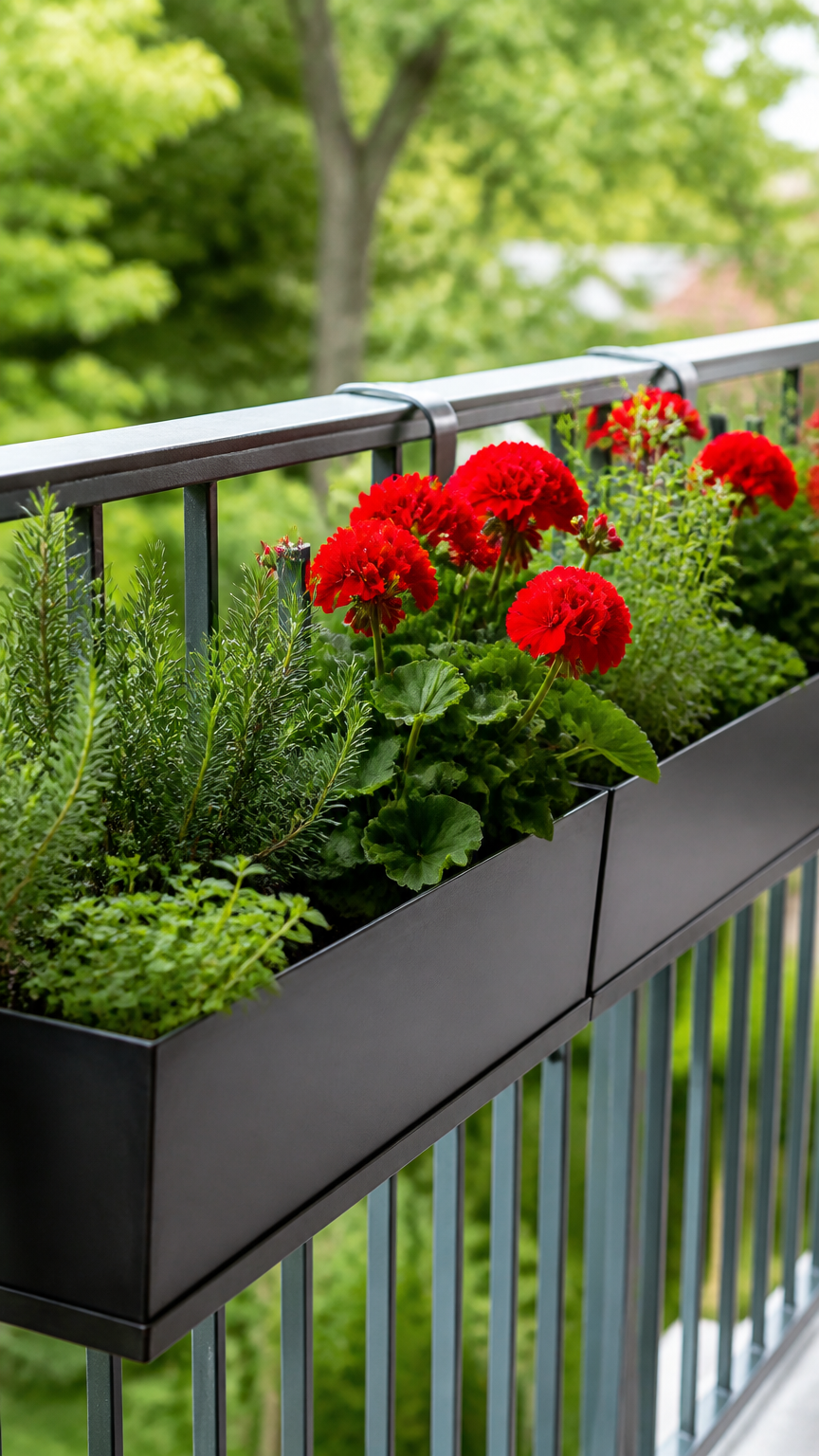 Metal window boxes mounted on the inside of a balcony railing, filled with vibrant red geraniums and green herbs, sho...
