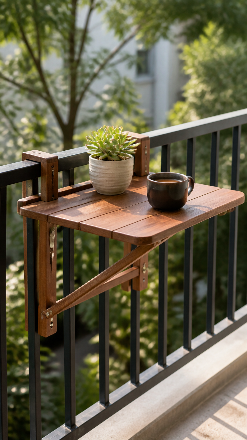 A wooden fold-down table attached to a balcony railing, holding a small potted succulent and a cup of coffee, capture...