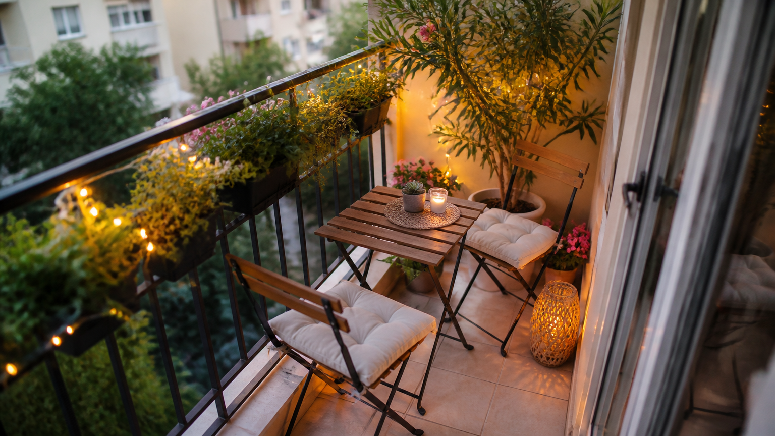 A high-end photograph of a cozy, small apartment balcony transformed into a green oasis