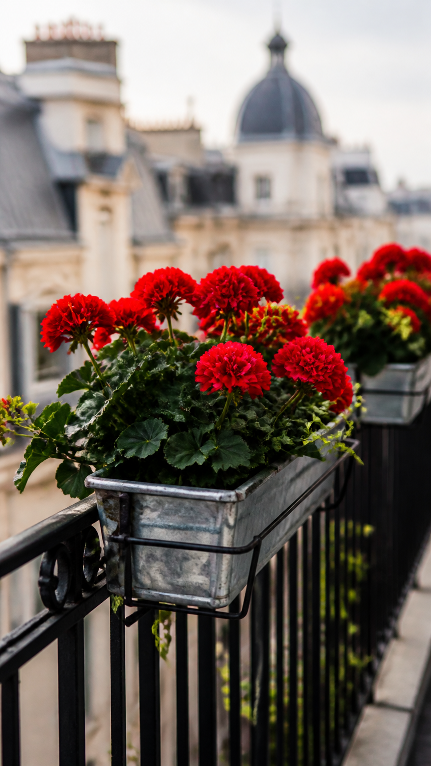 A high-end photograph of colorful geraniums planted in galvanized metal troughs hanging securely over the metal raili...