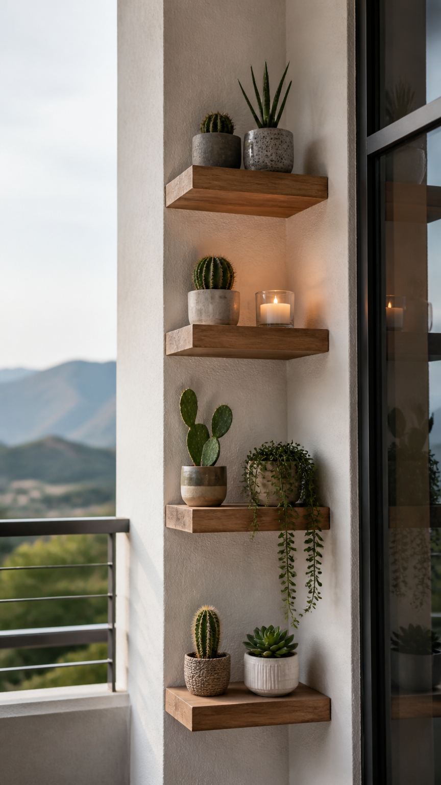 A high-end photograph of minimalist wooden floating corner shelves mounted on an exterior balcony wall, holding small...