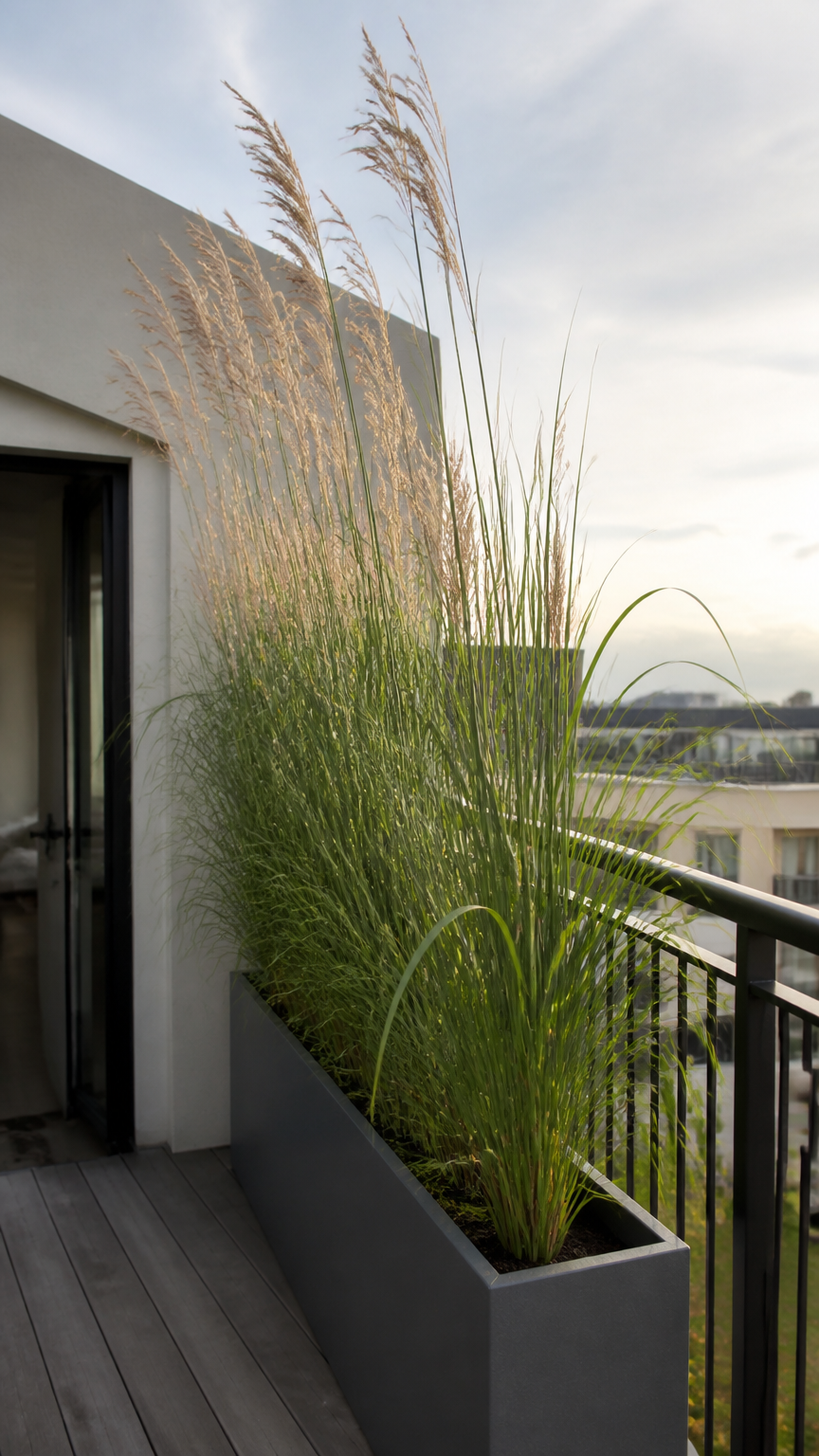 A high-end photograph of tall ornamental feather reed grass planted in a slim, dark grey rectangular planter on a nar...