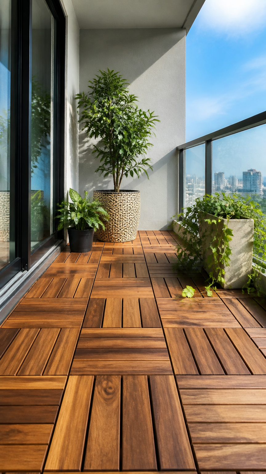 A high-end photograph of interlocking acacia wood deck tiles covering a boring concrete balcony floor
