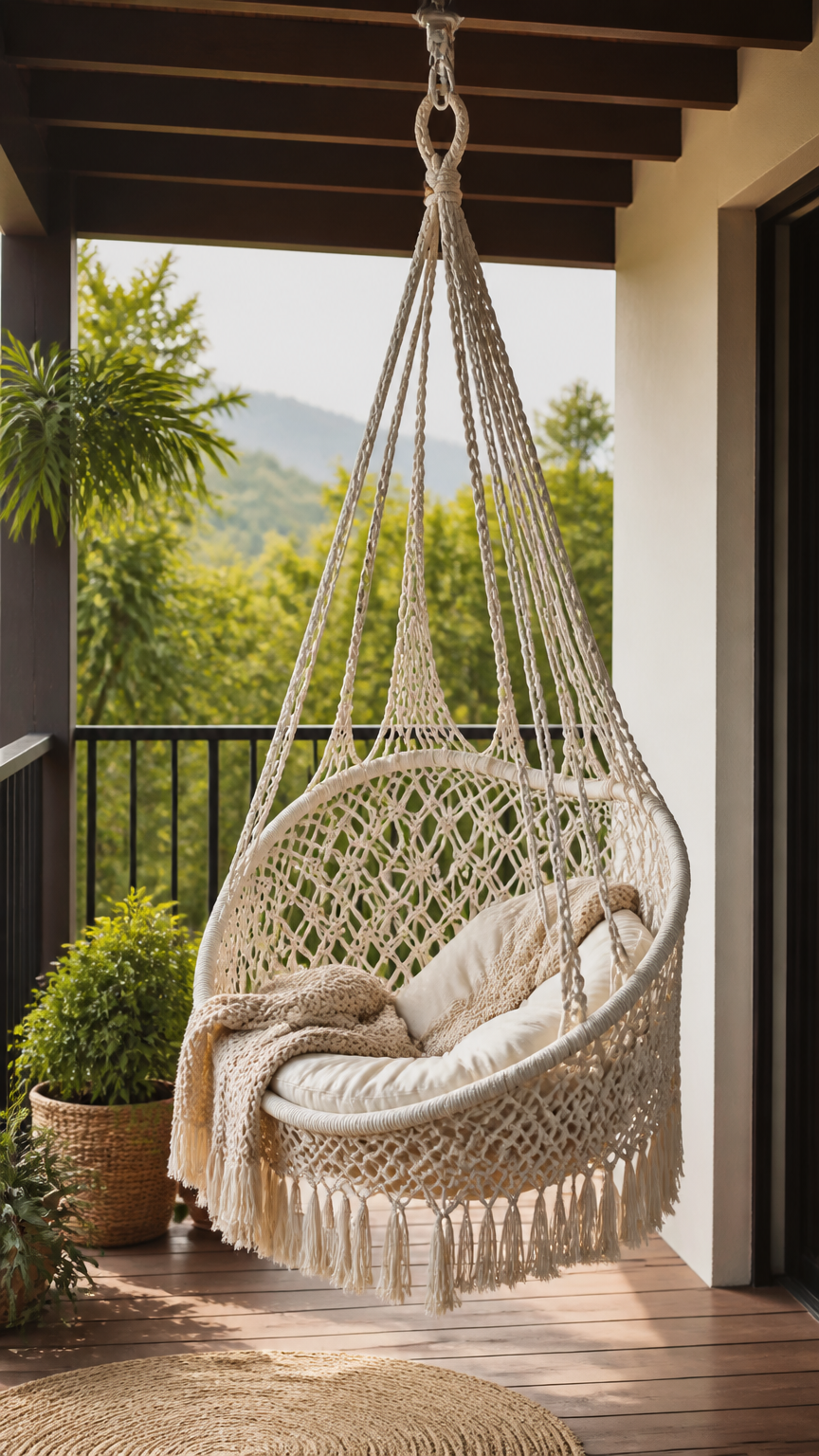 A high-end photograph of a cream-colored macrame hammock chair hanging from a sturdy overhead balcony hook