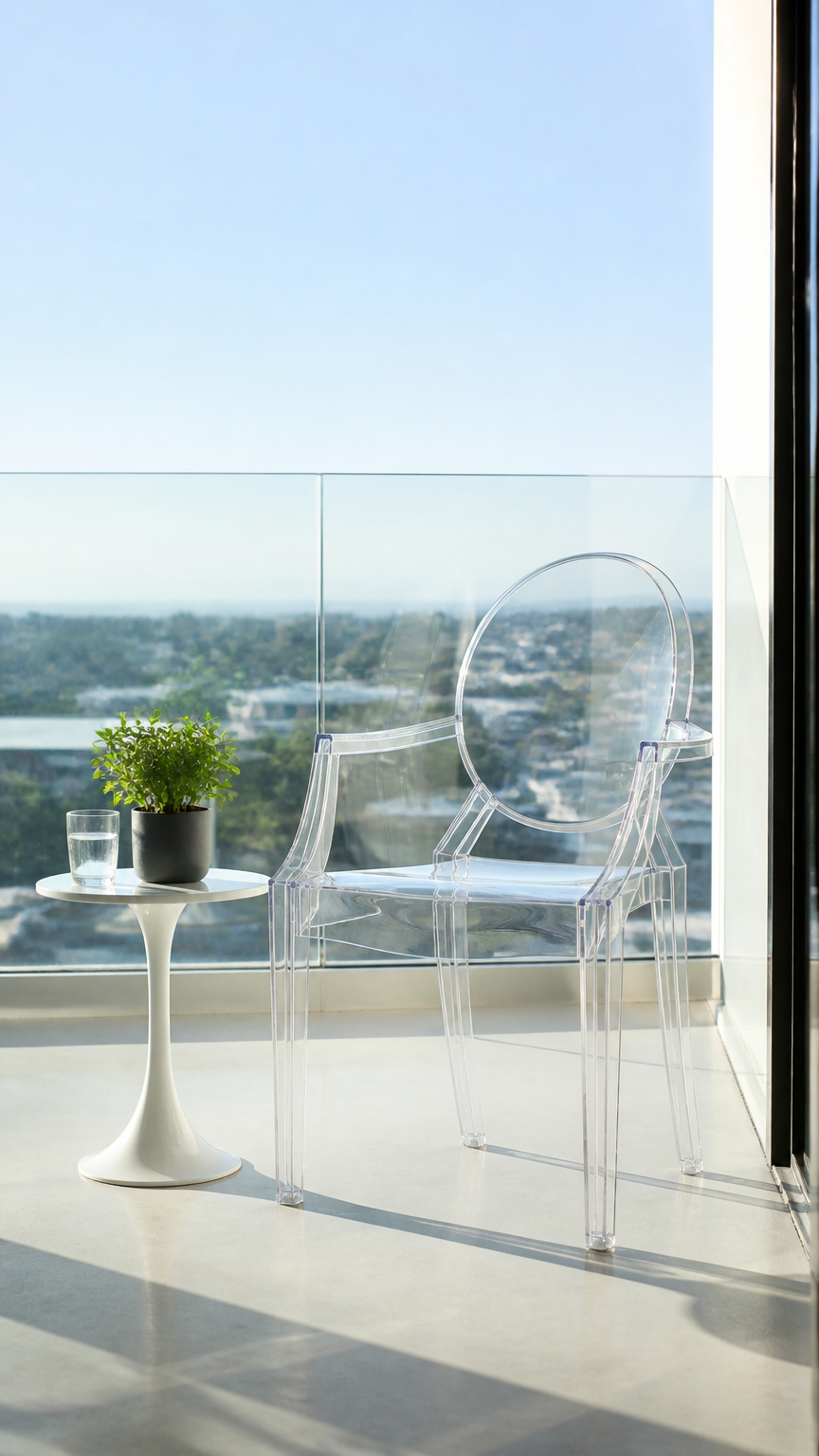 A high-end photograph of a clear acrylic ghost chair sitting next to a tiny modern side table on a minimalist balcony