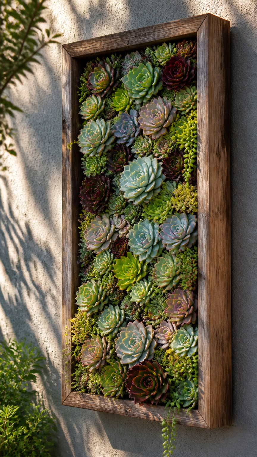 A high-end photograph of a vertical wooden shadow box frame mounted on an exterior wall, packed tightly with a living...
