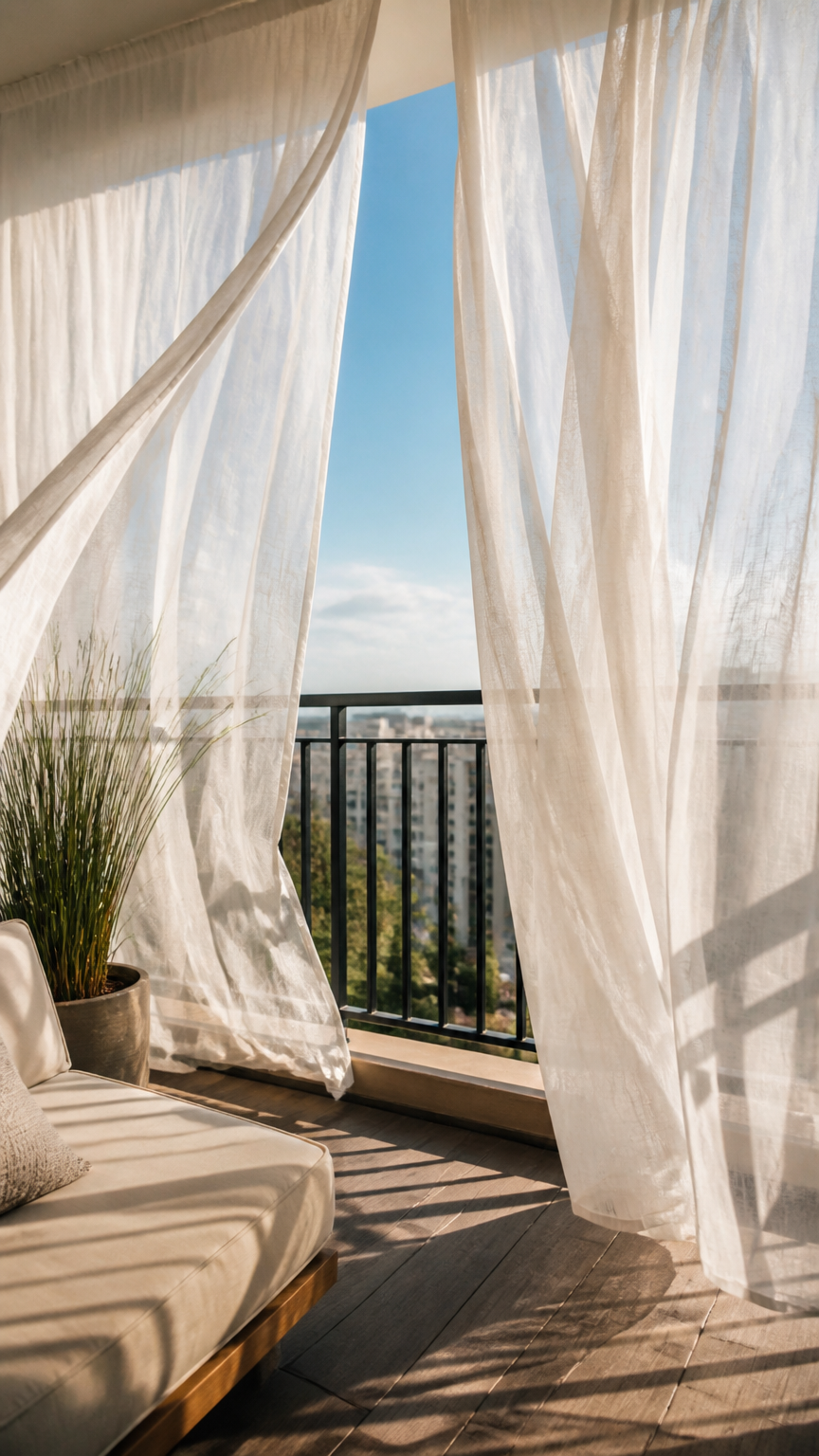 A high-end photograph of lightweight sheer white outdoor curtains blowing in the breeze on a sunny apartment balcony,...
