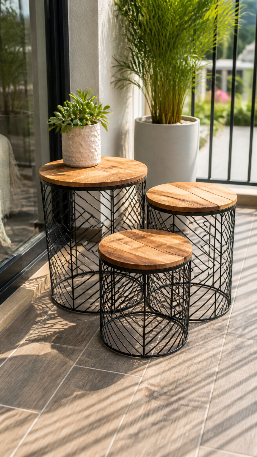 A high-end photograph of a set of three round nesting tables made of wire frames and wooden tops, staggered on a smal...