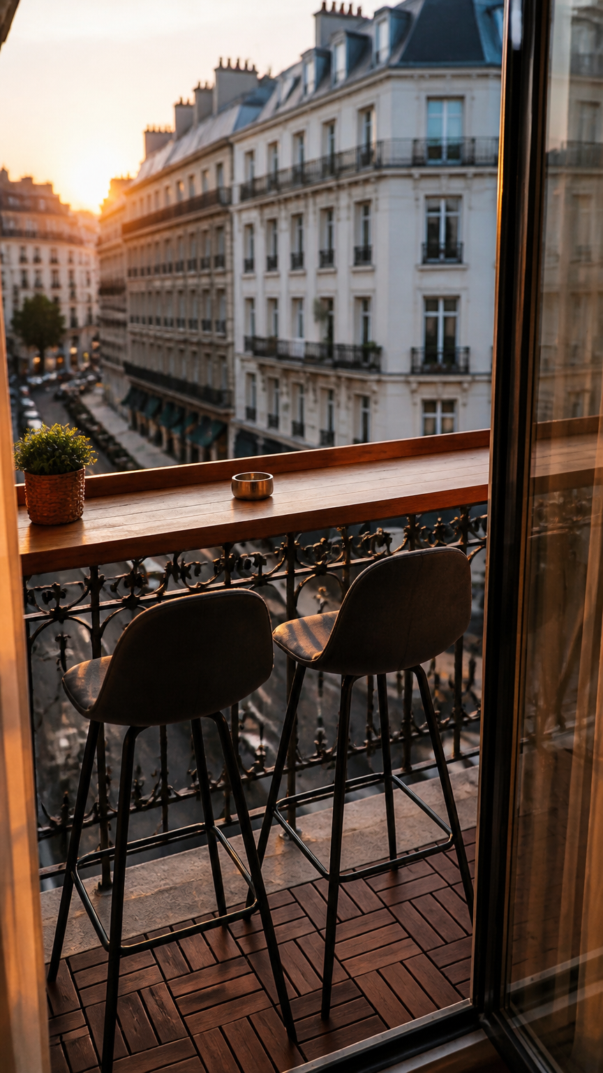 A high-end photograph of a narrow wooden bar top attached directly to a balcony railing, featuring two modern bar sto...