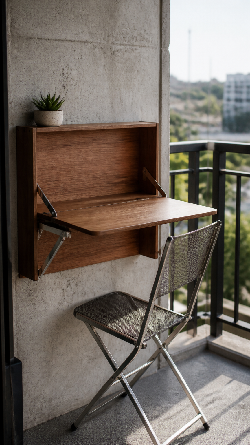 A high-end photograph of a wooden fold-down desk mounted against a concrete apartment balcony wall