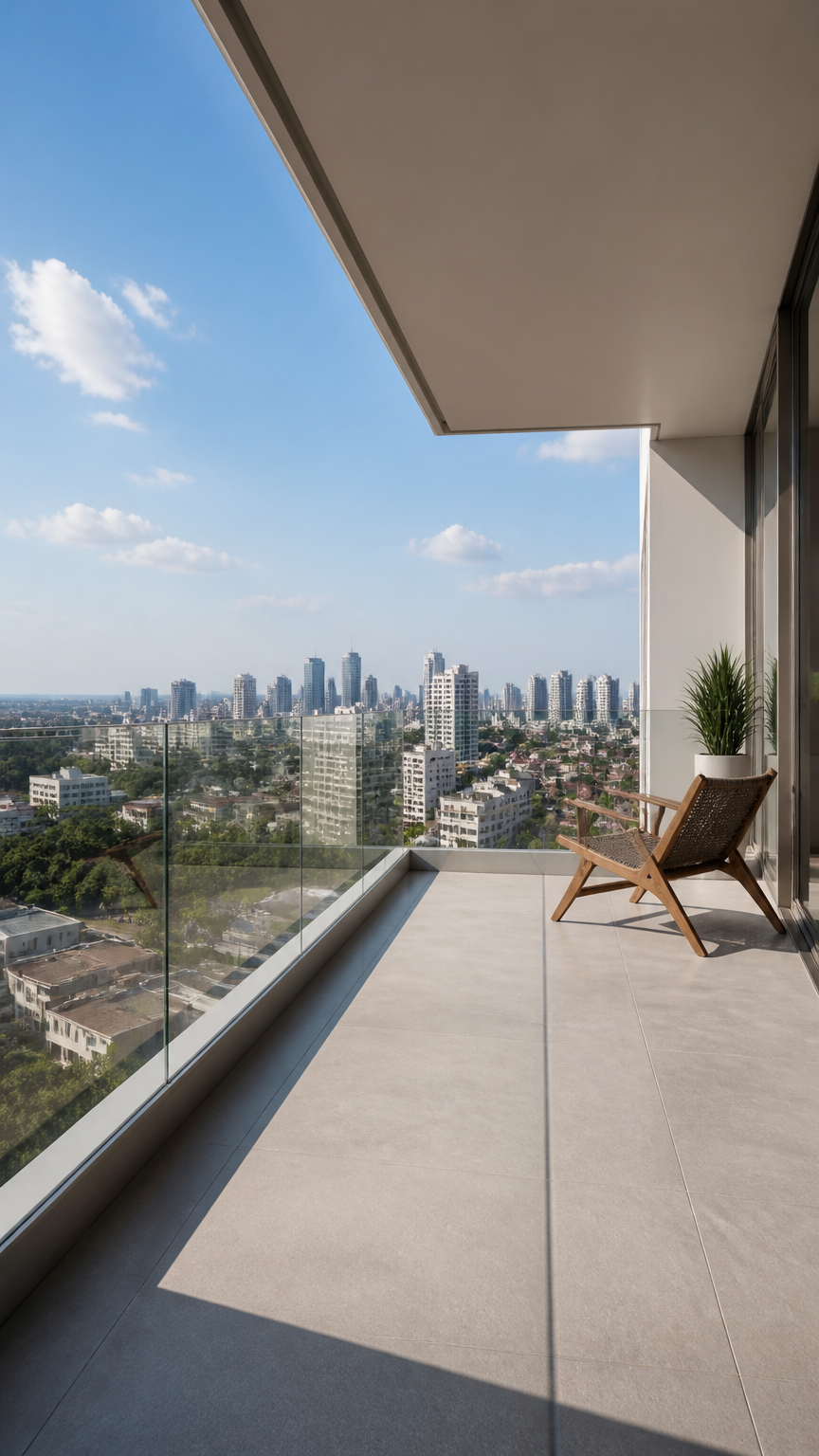 A high-end photograph of a modern apartment balcony featuring a transparent glass railing instead of metal bars