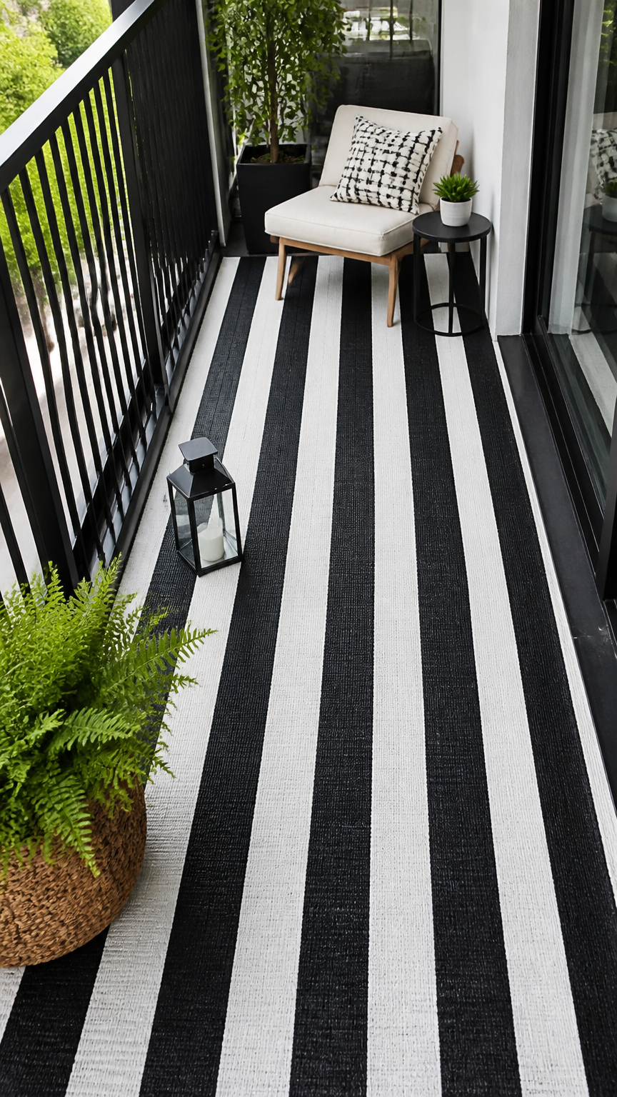 A high-end photograph of a narrow balcony floor covered with a black and white striped outdoor rug
