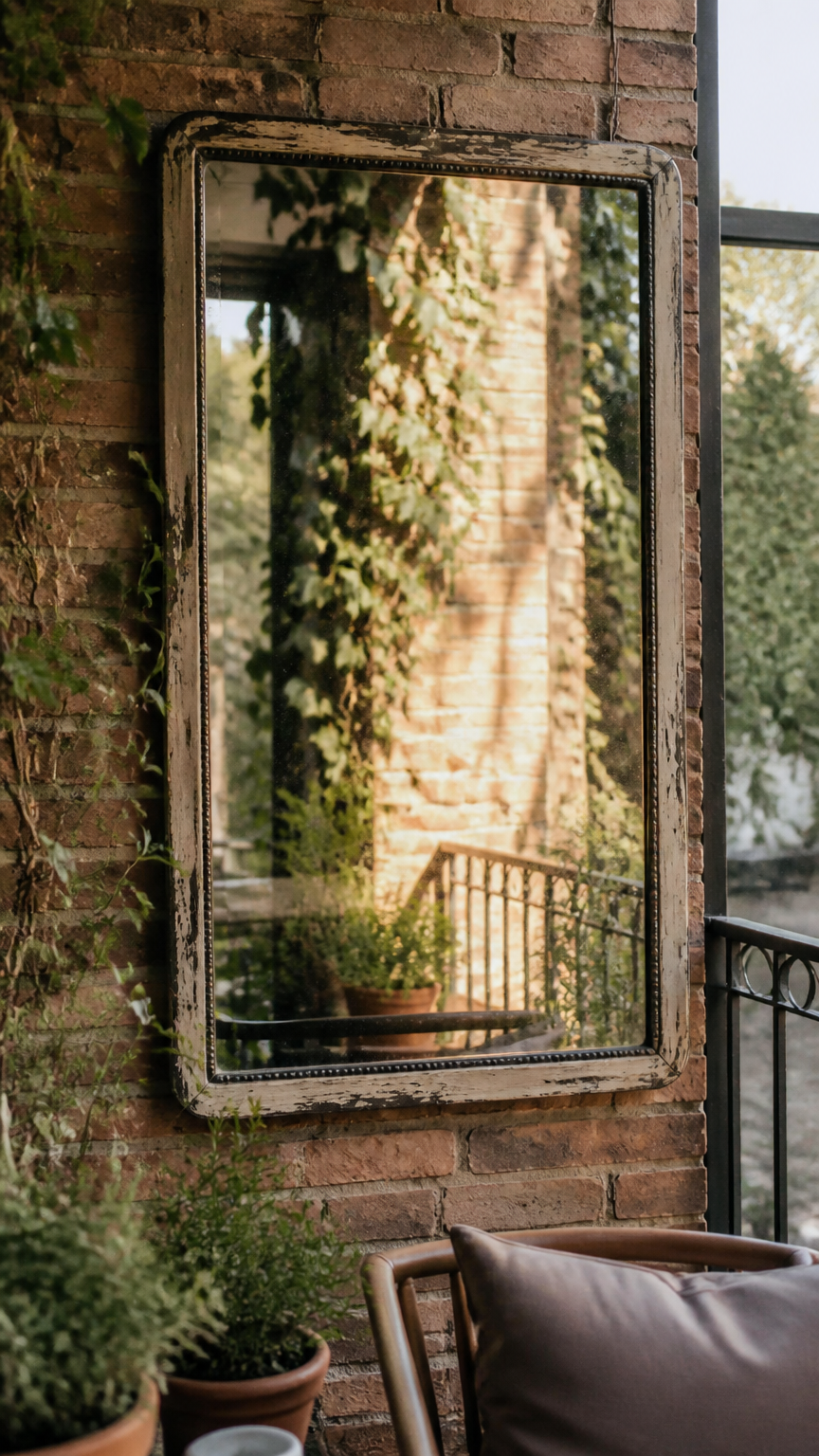 A high-end photograph of a weathered vintage mirror hanging on a brick balcony wall, reflecting green ivy and soft su...