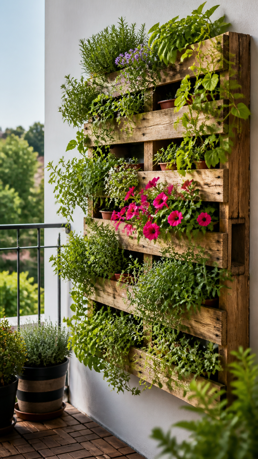 A high-end photograph of an upright wooden shipping pallet mounted vertically on a small balcony wall, filled with tr...