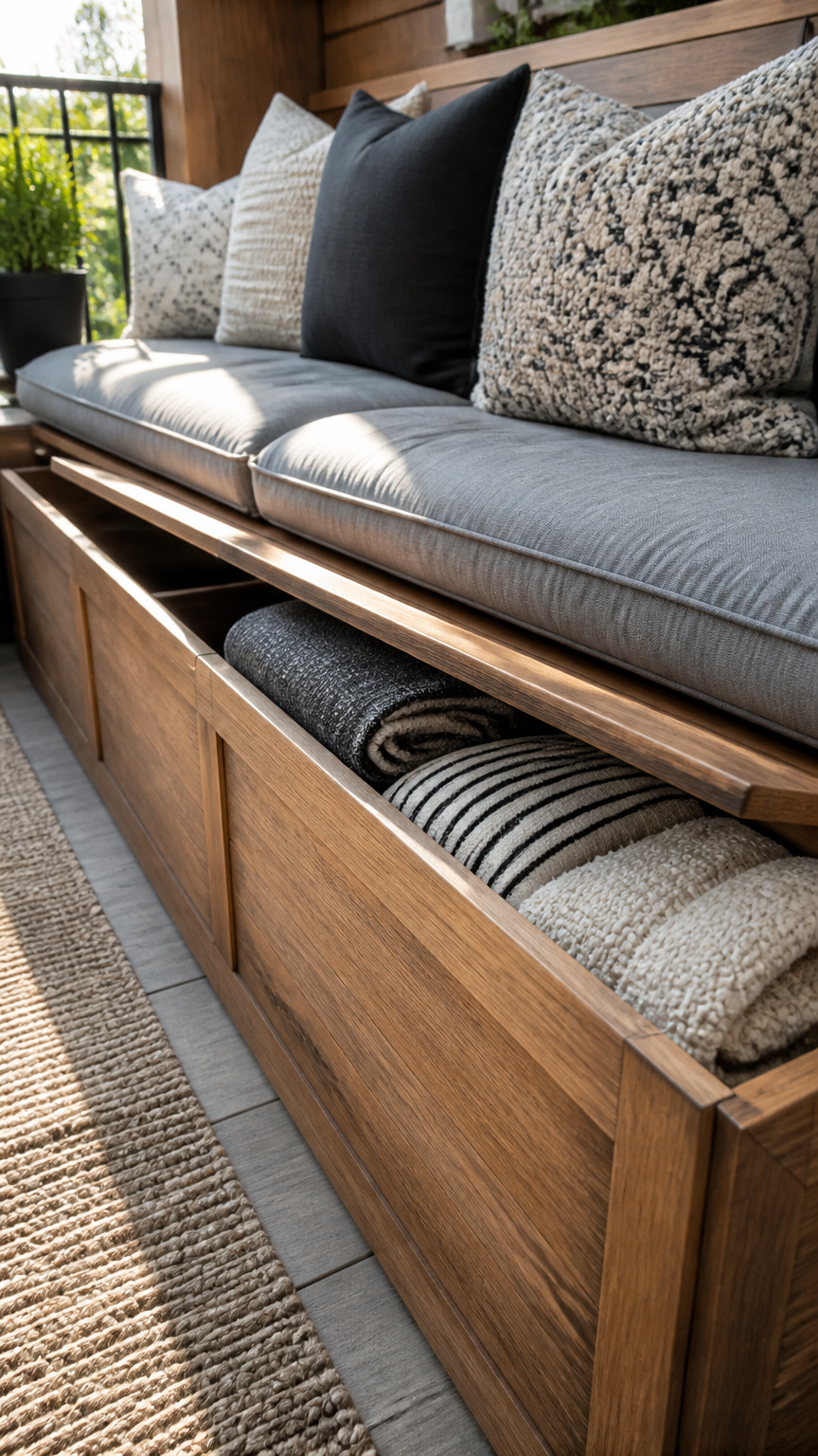 A high-end photograph of a built-in wooden storage bench on a cozy balcony, topped with plush grey cushions and patte...