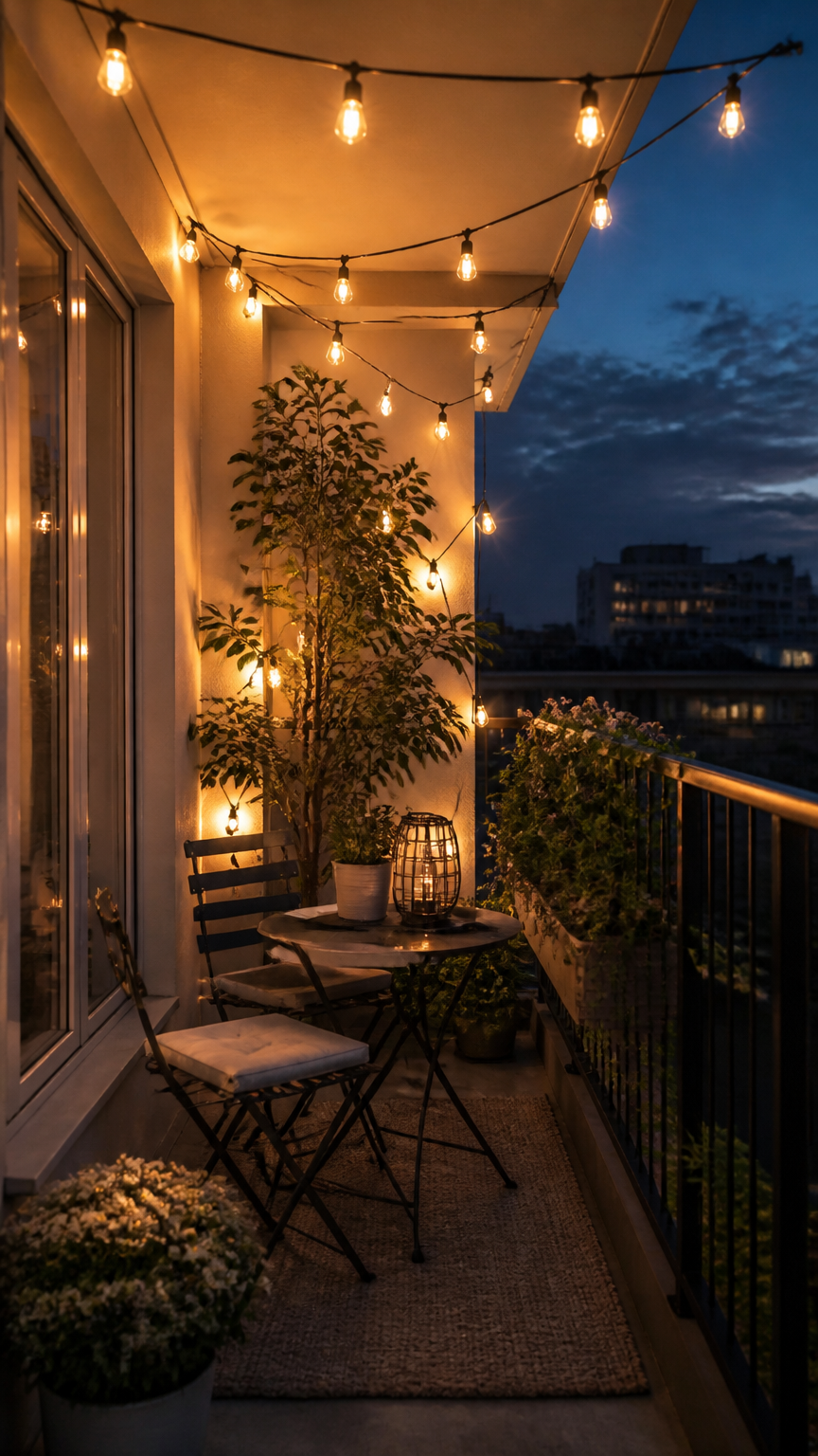 A high-end photograph of a small balcony lit up at twilight by warm Edison string lights zig-zagging across the ceiling