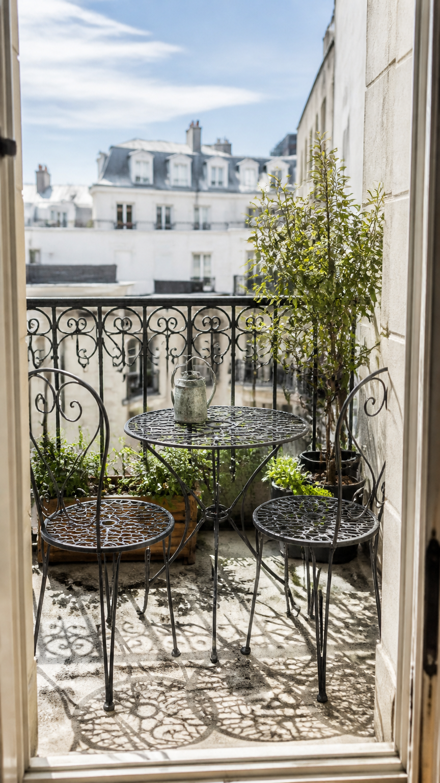 A high-end photograph of a delicate iron bistro table and two matching chairs set on a tiny balcony