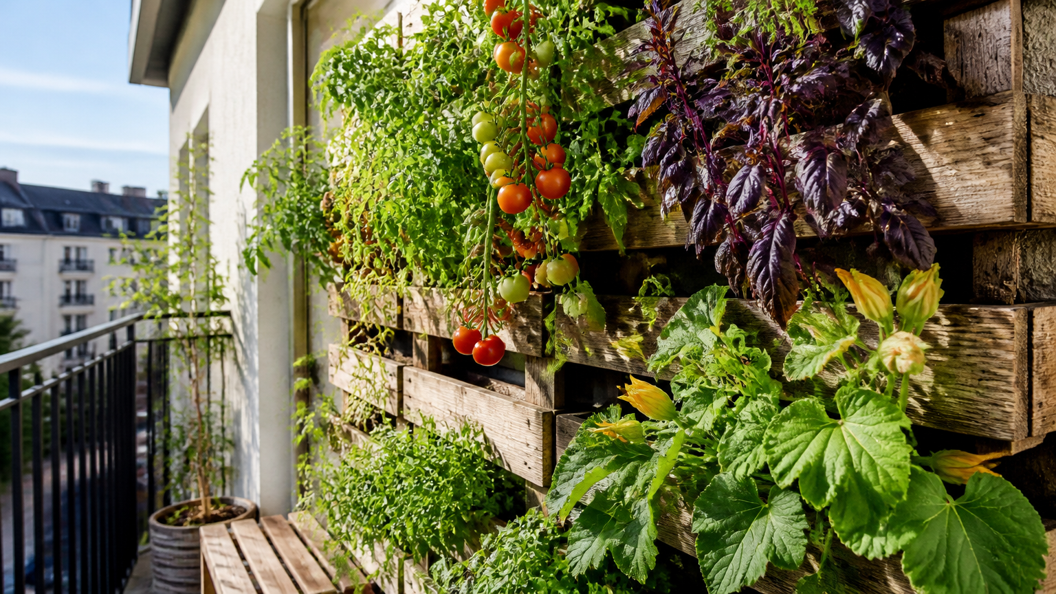 A sunlit apartment balcony featuring a lush vertical garden made from reclaimed wooden pallets, filled with cascading...