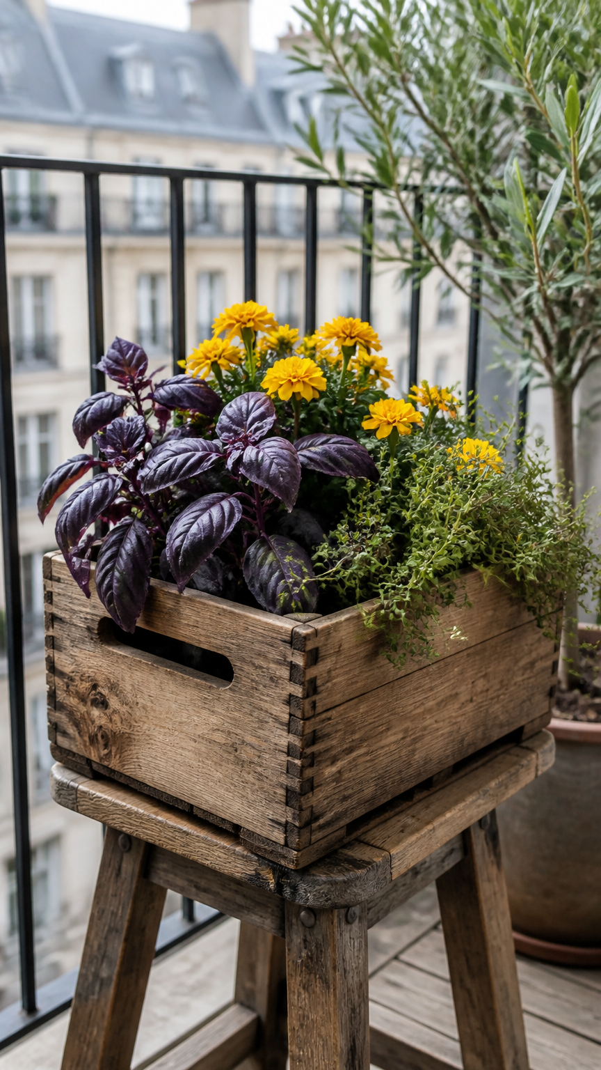 A weathered wooden wine crate sitting on a small wooden stool on a balcony, filled with a mixed planting of purple ba...