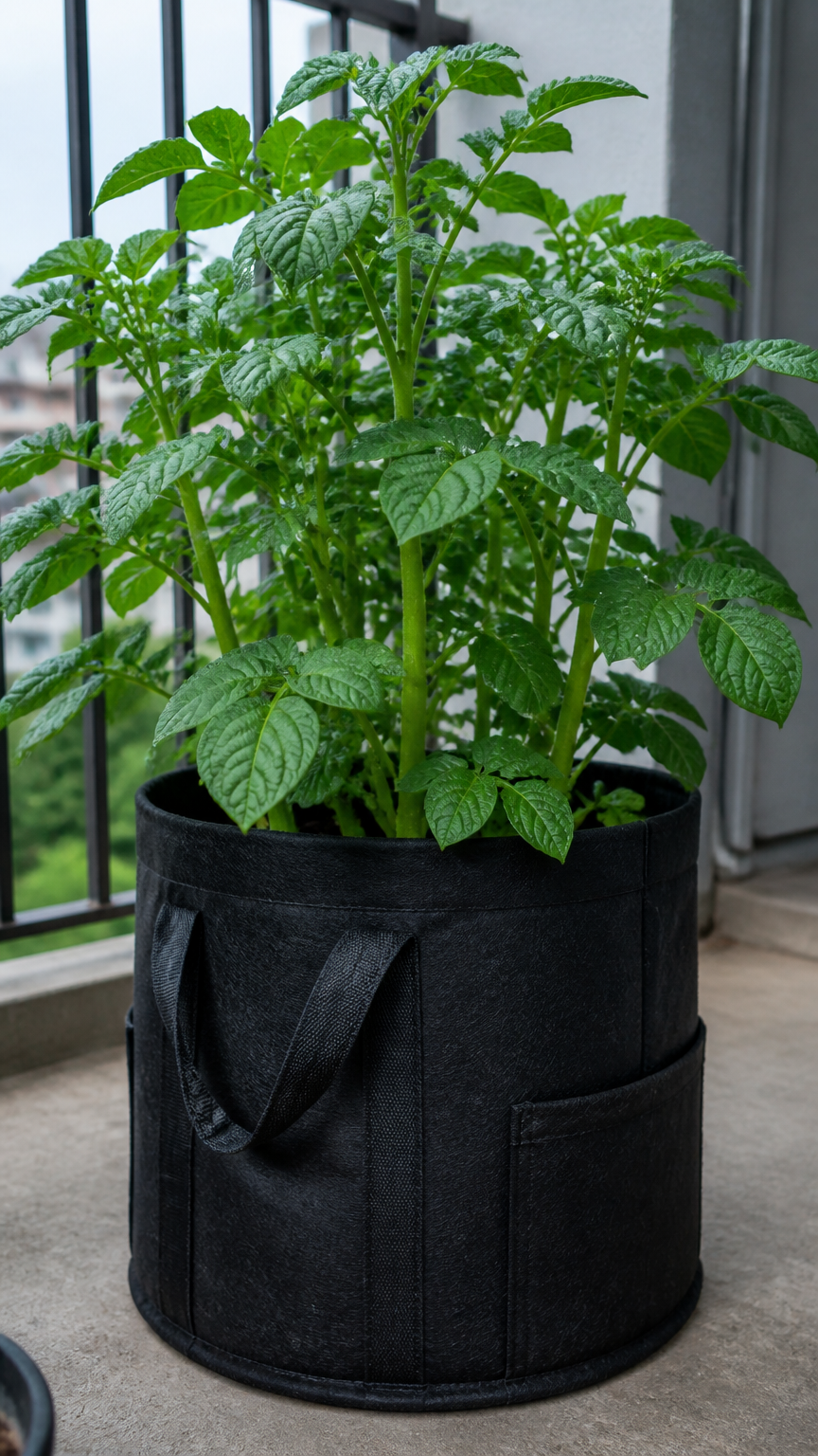 A sturdy black fabric aeration pot sitting on a concrete balcony floor, containing thick green potato foliage growing...