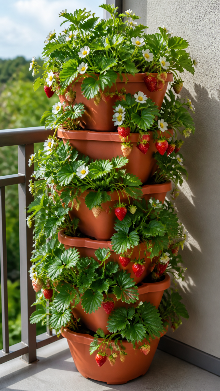 A vertical stack of terracotta-colored plastic modular planters resting on a balcony corner, overflowing with lush st...