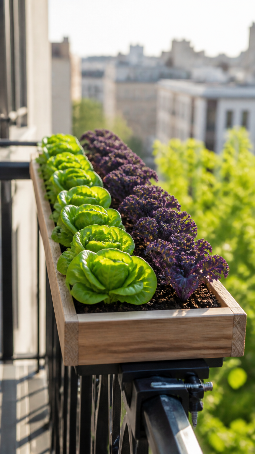 A narrow wooden tabletop planter resting securely on a balcony railing, featuring neat rows of green butterhead lettu...