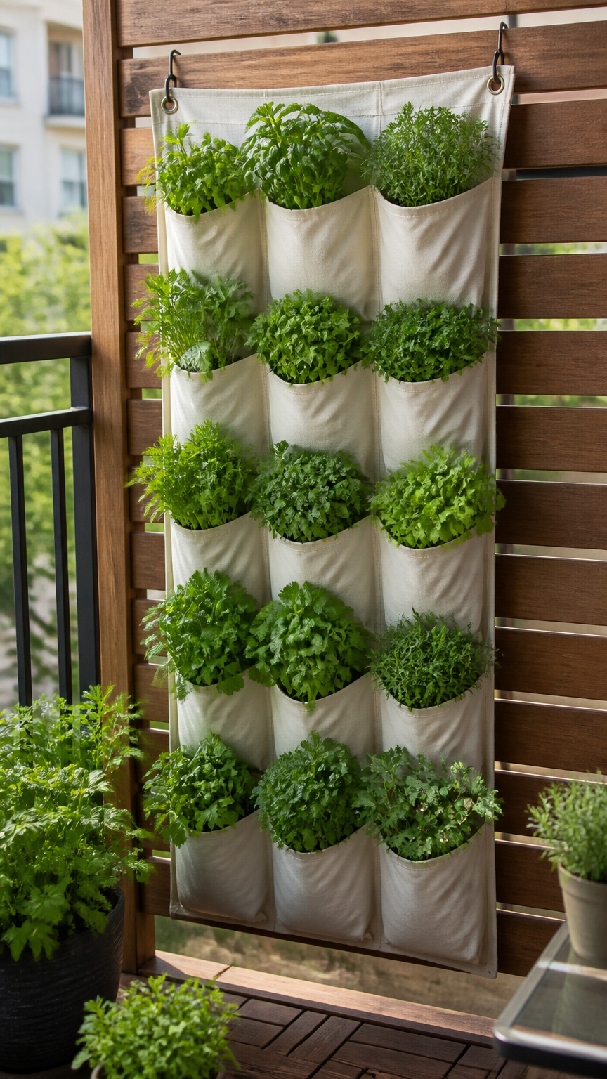 A fabric hanging shoe organizer mounted to a wooden balcony privacy screen, with each shoe pocket holding vibrant gre...