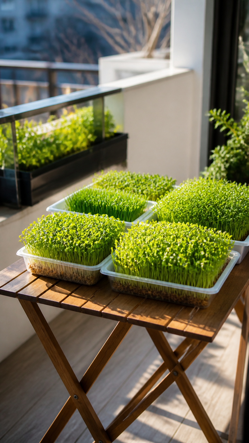 A small wooden folding table on a bright balcony holding several shallow plastic trays filled with dense mats of brig...