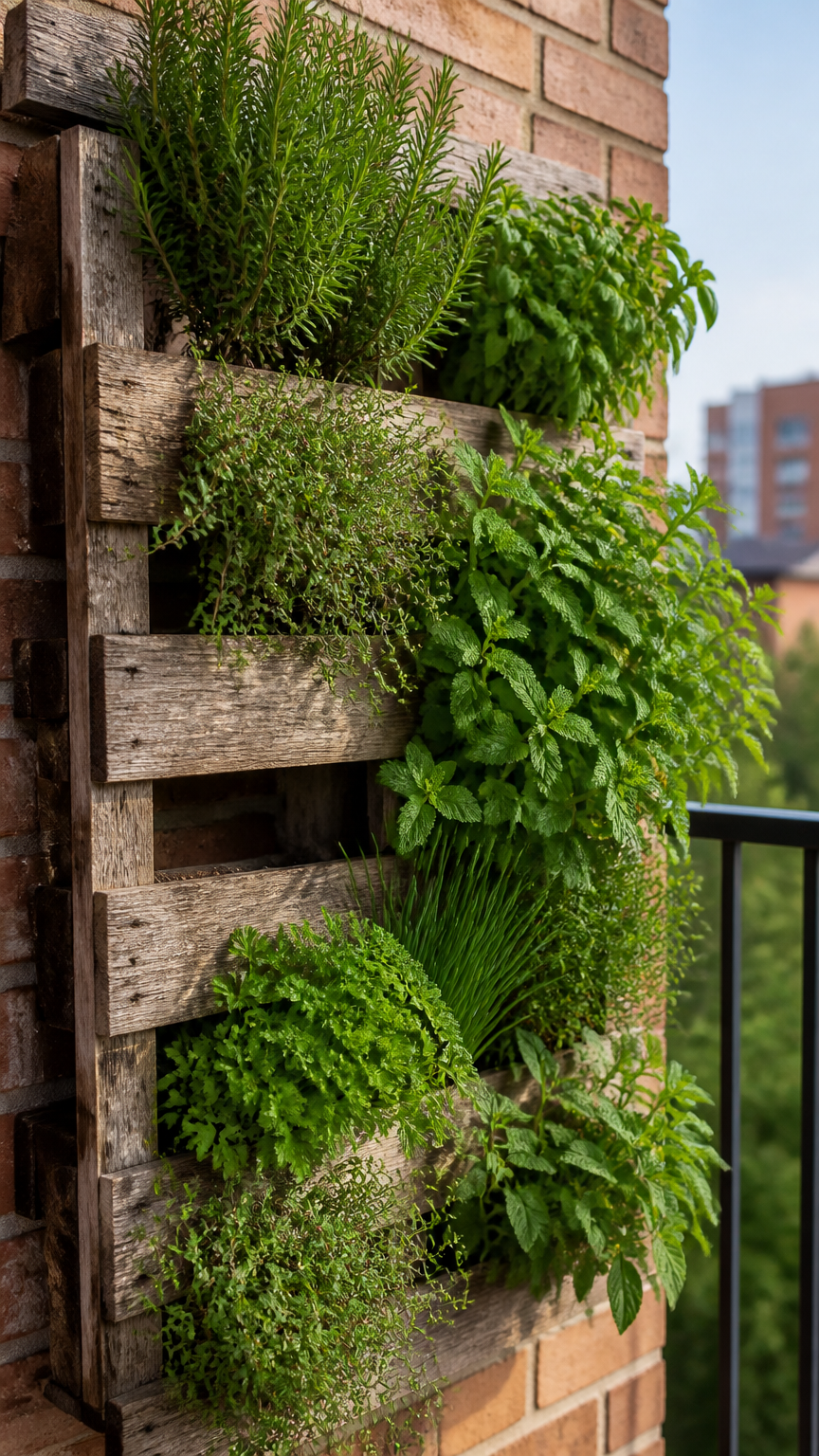 A close-up photograph of a weathered wooden shipping pallet mounted vertically on a brick apartment balcony wall, den...