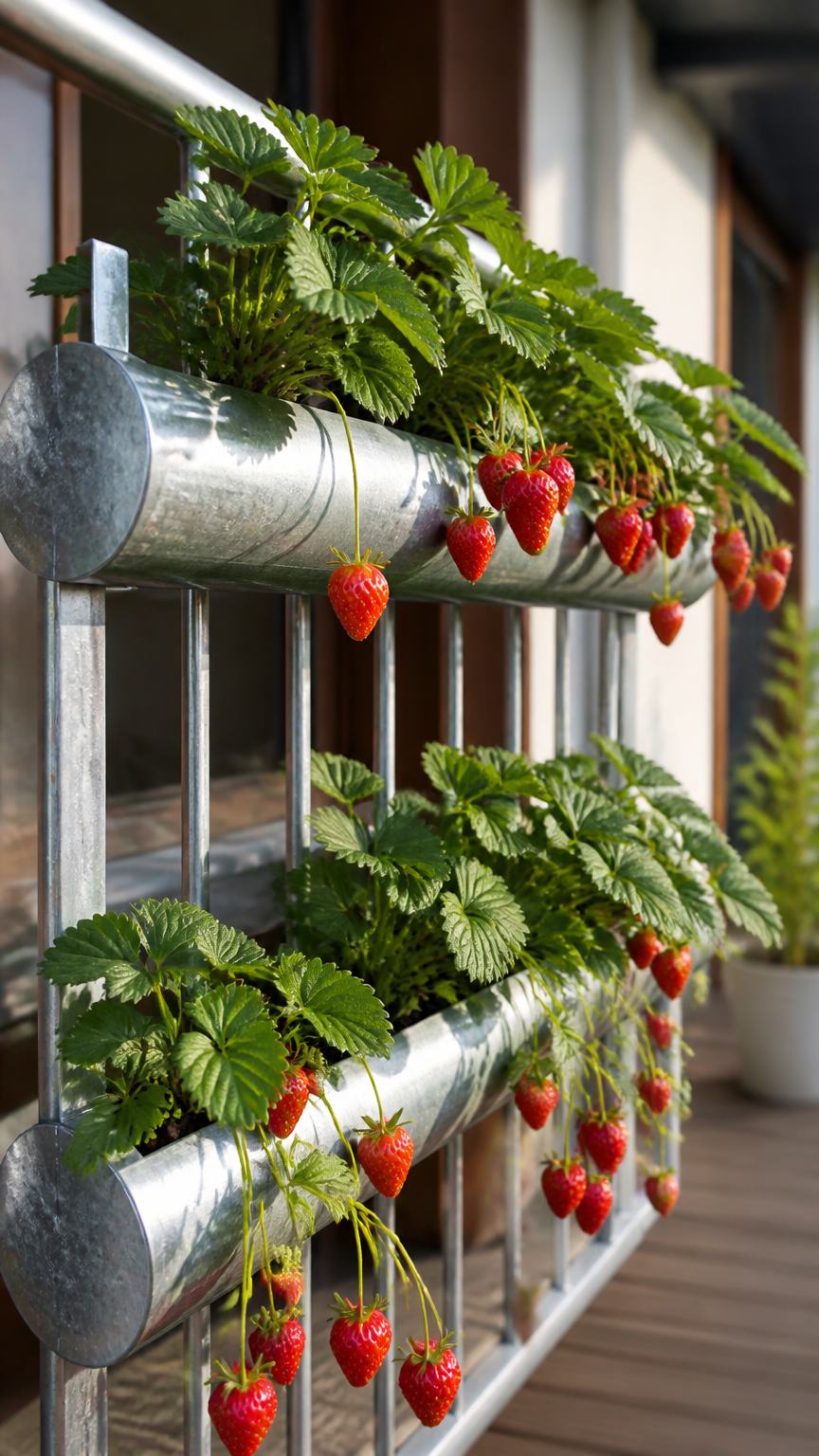 A bright balcony railing featuring shiny galvanized metal gutters mounted horizontally, filled with trailing green st...