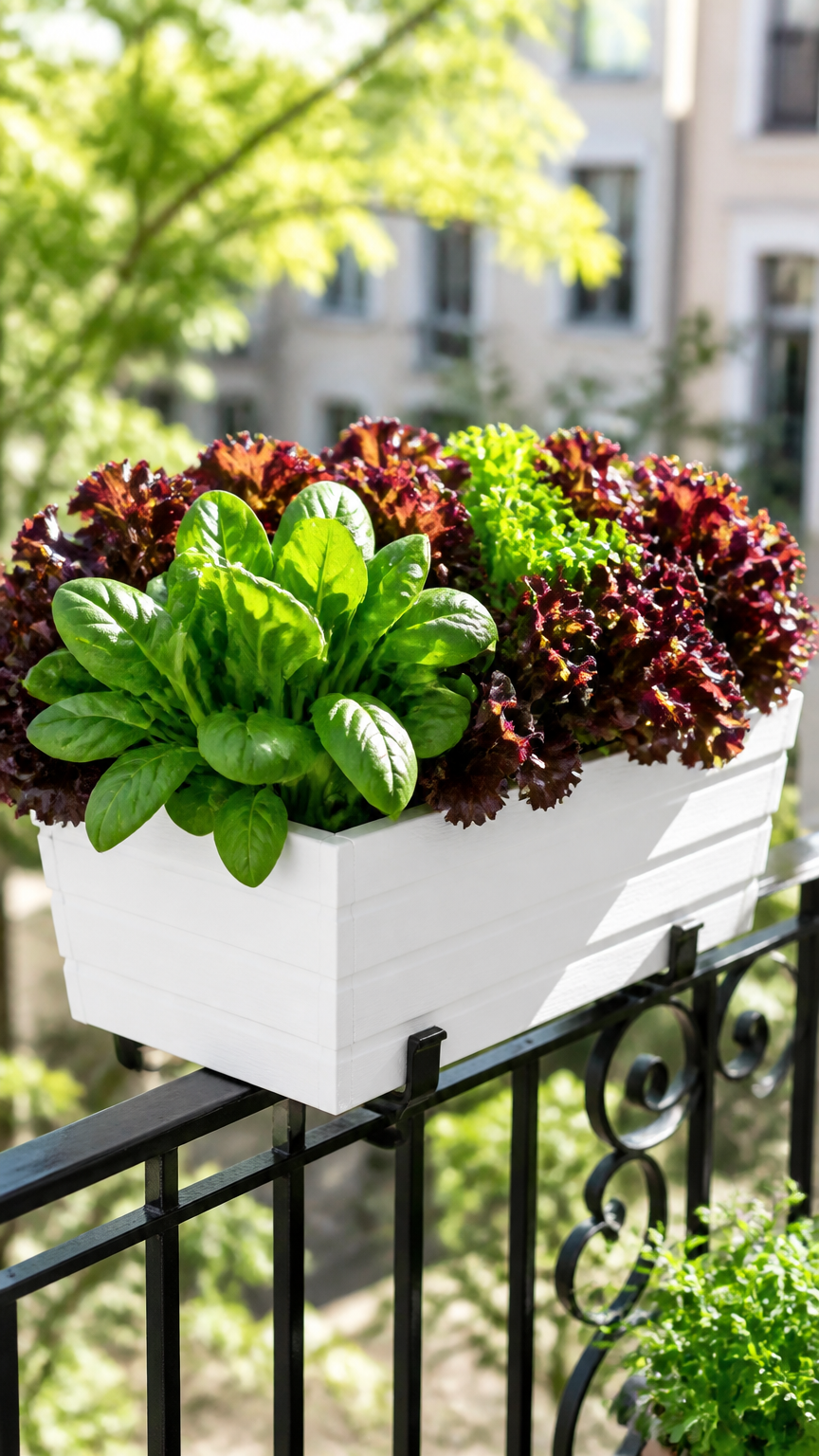 A crisp white wooden window box hooked over a black metal balcony railing, overflowing with curly red leaf lettuce an...