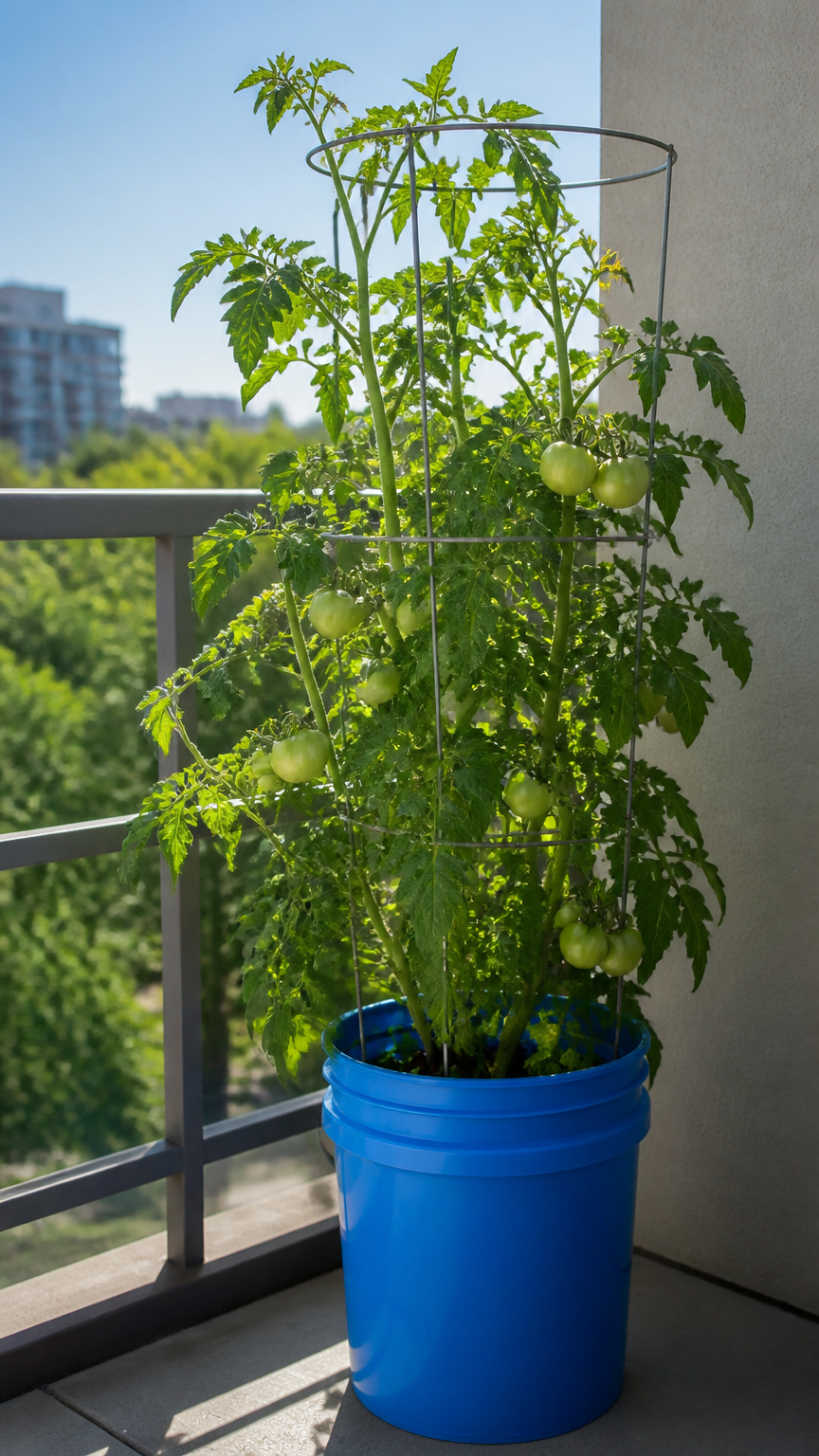 A clean blue five-gallon plastic bucket on a balcony corner holding a tall wire tomato cage, filled with a healthy in...
