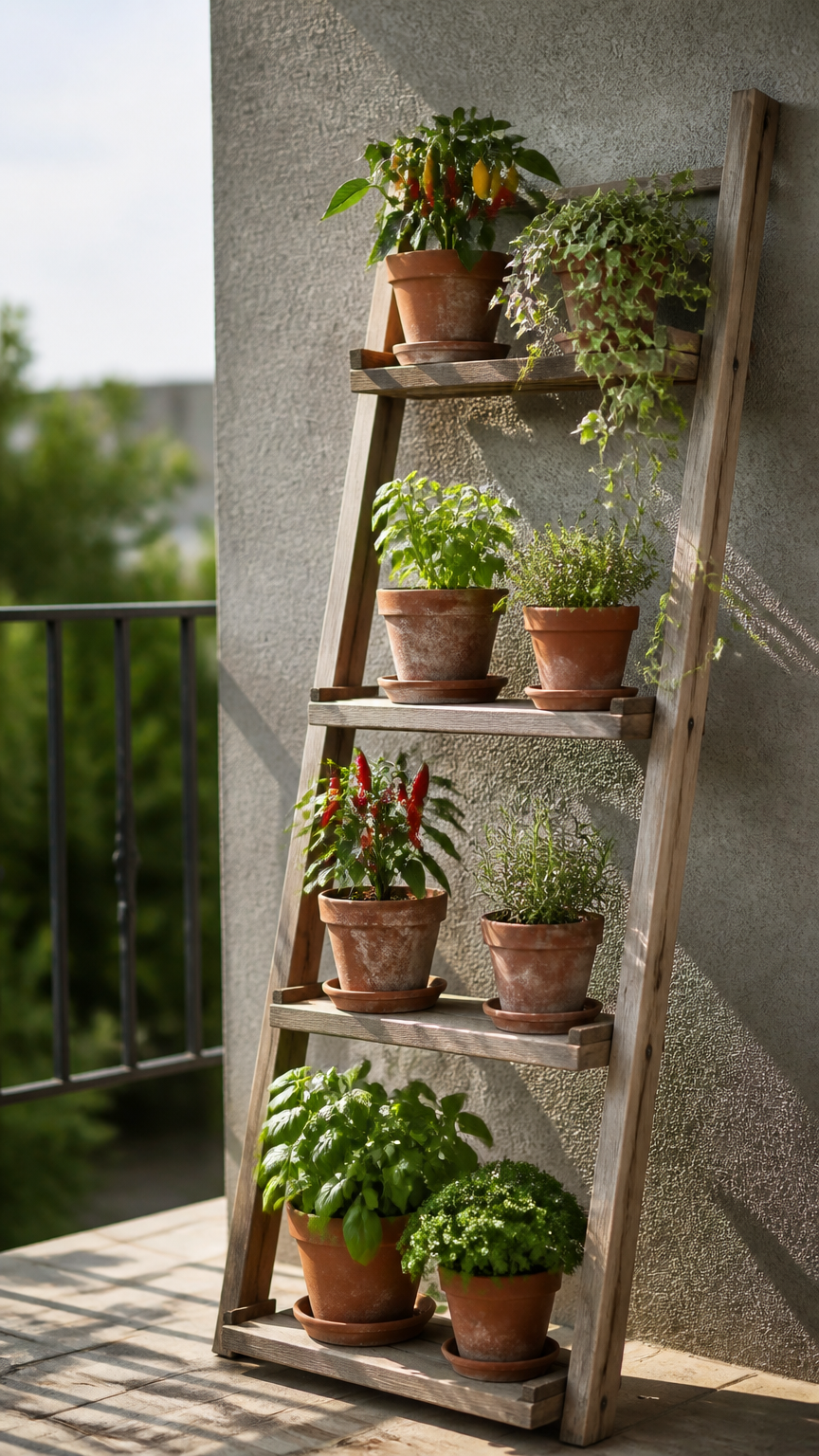 A wooden leaning ladder shelf placed against a grey stucco balcony wall, holding various terracotta pots with peppers...