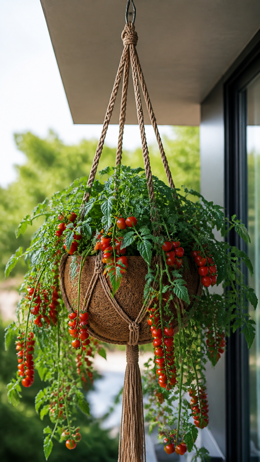 A rustic macrame hanger holding a coconut coir basket filled with a cascading bush tomato plant loaded with ripe red...