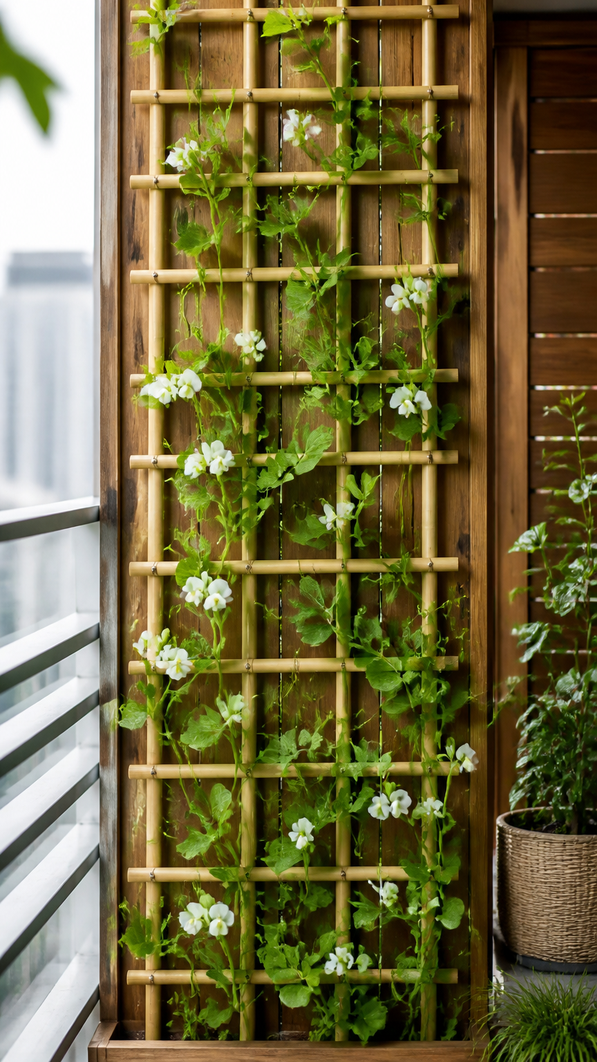 A delicate bamboo trellis attached to a wooden balcony divider panel, woven with bright green pea vines and small whi...