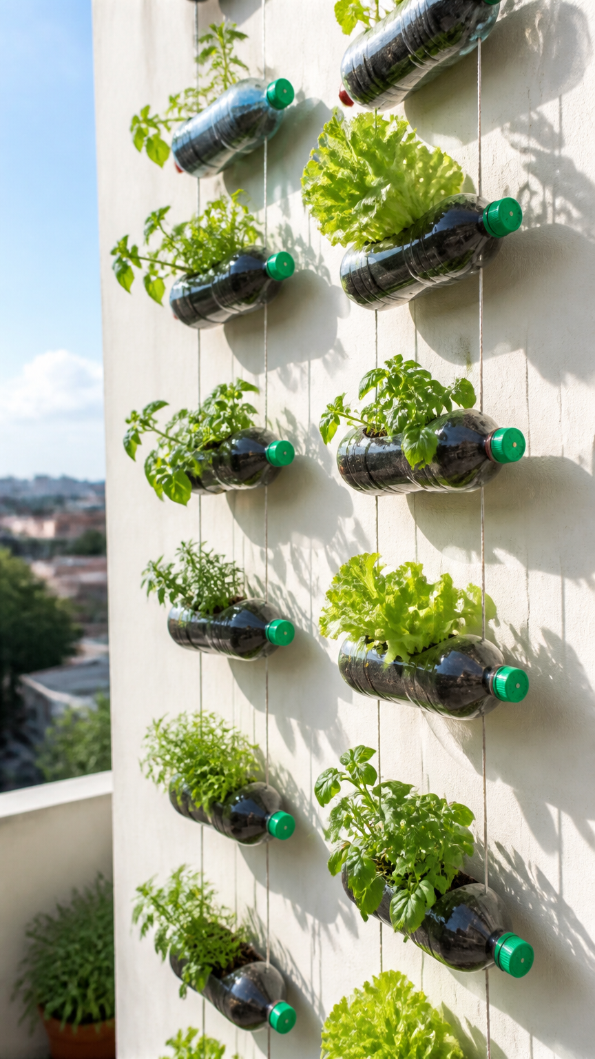 A sunny balcony wall featuring a series of recycled plastic soda bottles hung horizontally in vertical rows, containi...