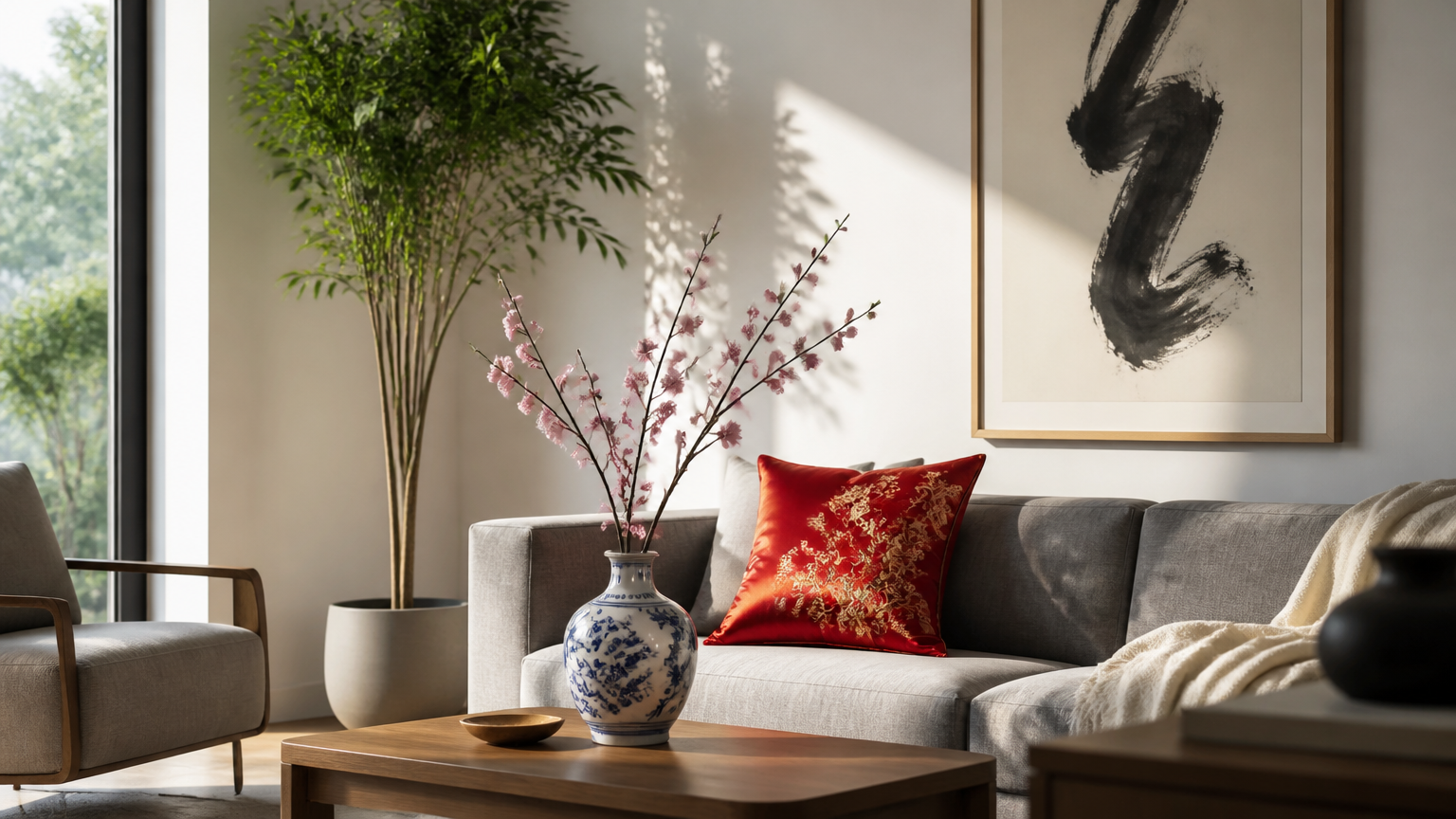 A sunlit modern living room featuring minimalist furniture, accented with a vibrant red Chinese silk throw pillow on...