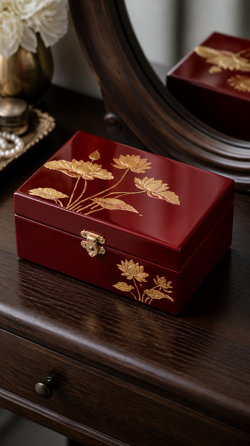 A glossy crimson red lacquer jewelry box with gold painted lotus flowers sitting on a dark oak vanity table, captured...
