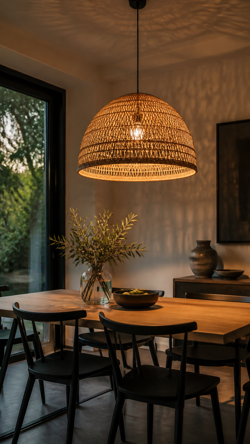 A dome-shaped woven rattan pendant light hanging over a dining table, casting patterned shadows across the room, warm...