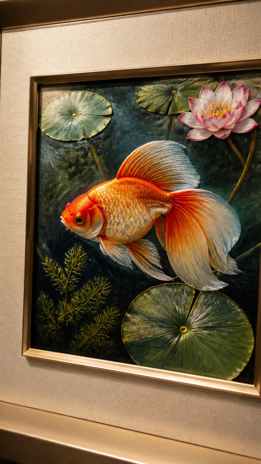 A close-up of a framed silk embroidery featuring a colorful goldfish swimming among lily pads, mounted on cream silk...