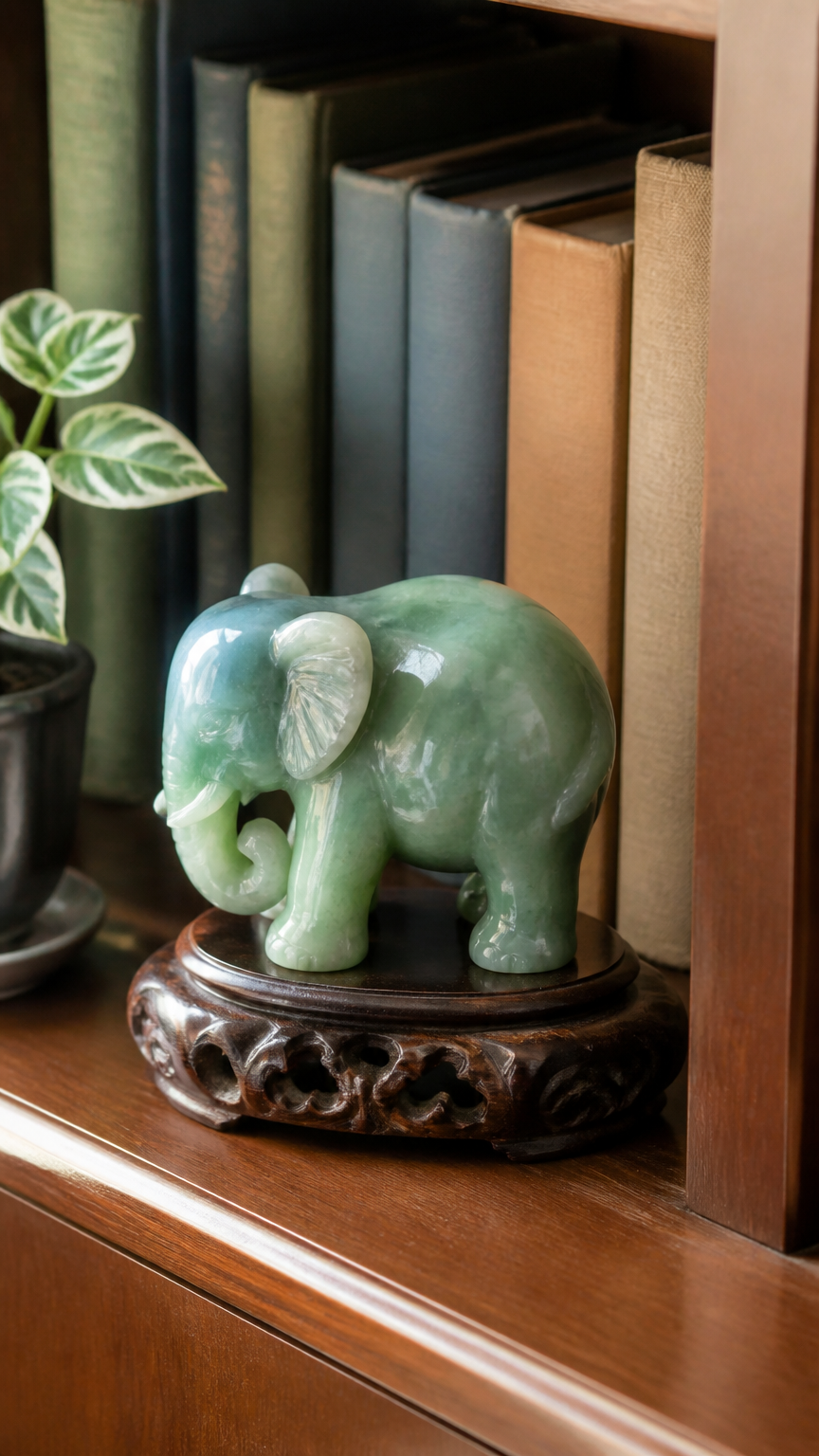 A small carved green jade elephant sculpture resting on a dark carved rosewood base, sitting on a bookshelf next to h...