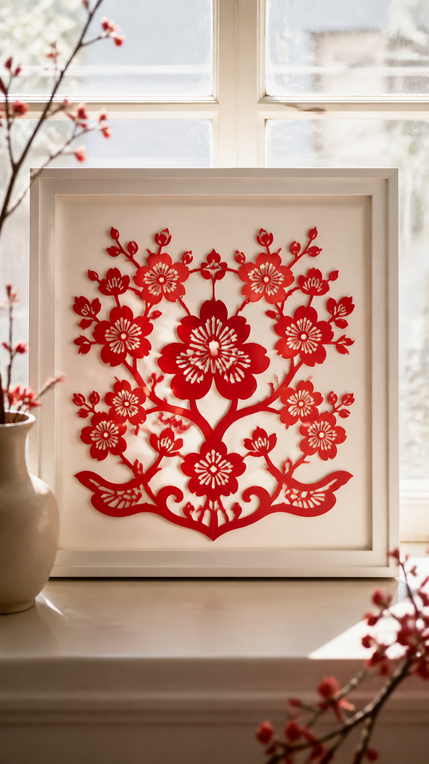 Red paper cutting art featuring symmetrical plum blossoms mounted against a white picture frame, backlit by soft sunl...