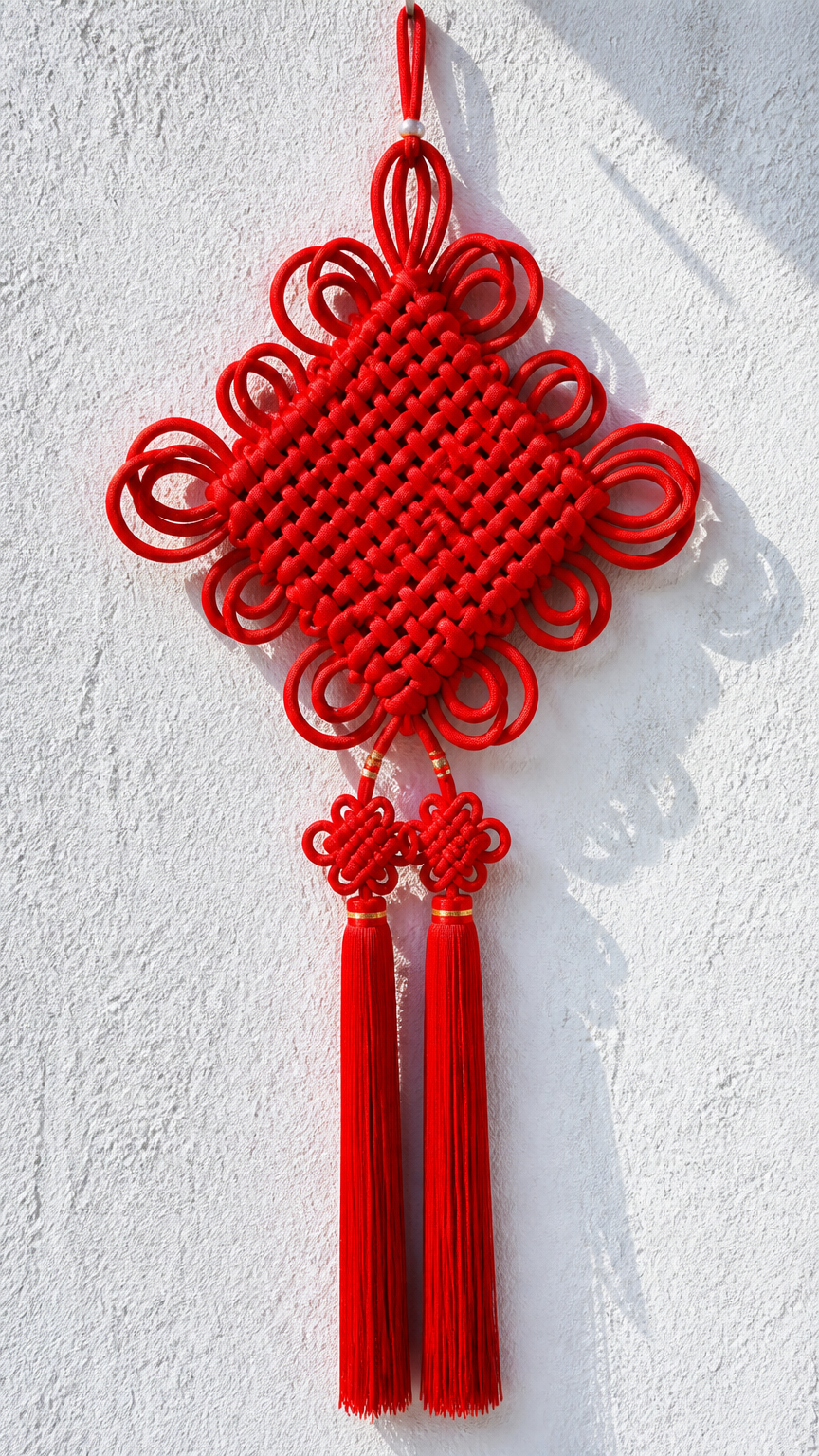A large bright red Chinese decorative knot hanging on a white textured wall, featuring long tassels dangling below, c...