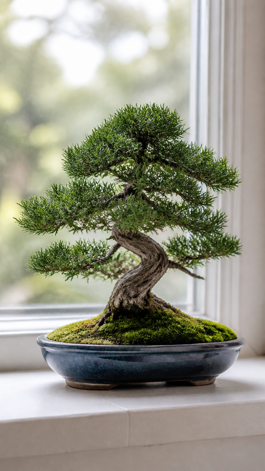 A small green juniper bonsai tree planted in a shallow oval blue ceramic pot, surrounded by moss, sitting on a window...