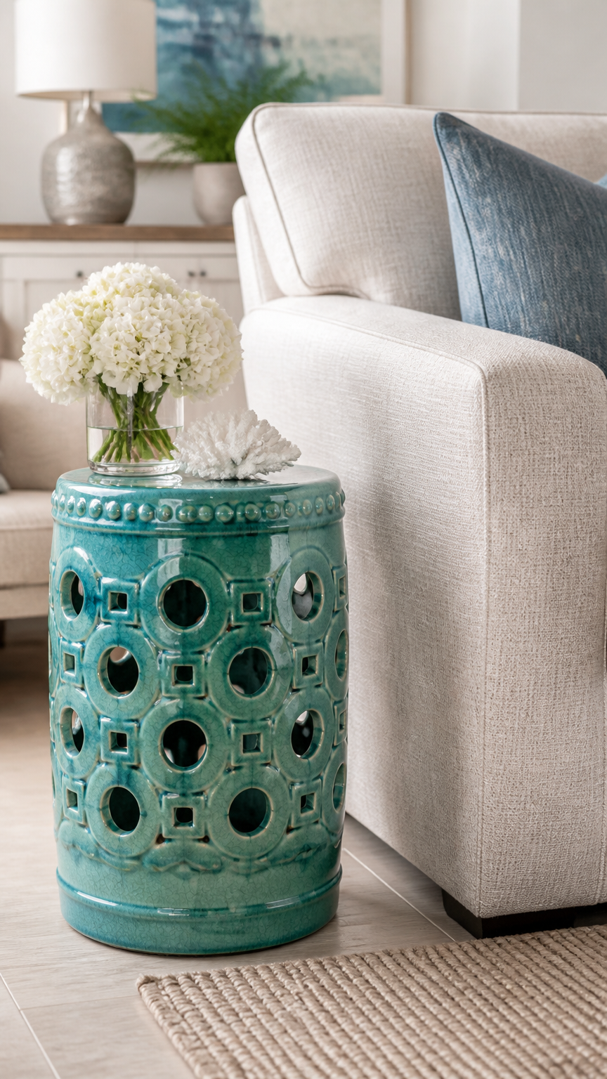 A turquoise glazed ceramic garden stool with perforated coin patterns sitting next to a beige linen armchair, bright...