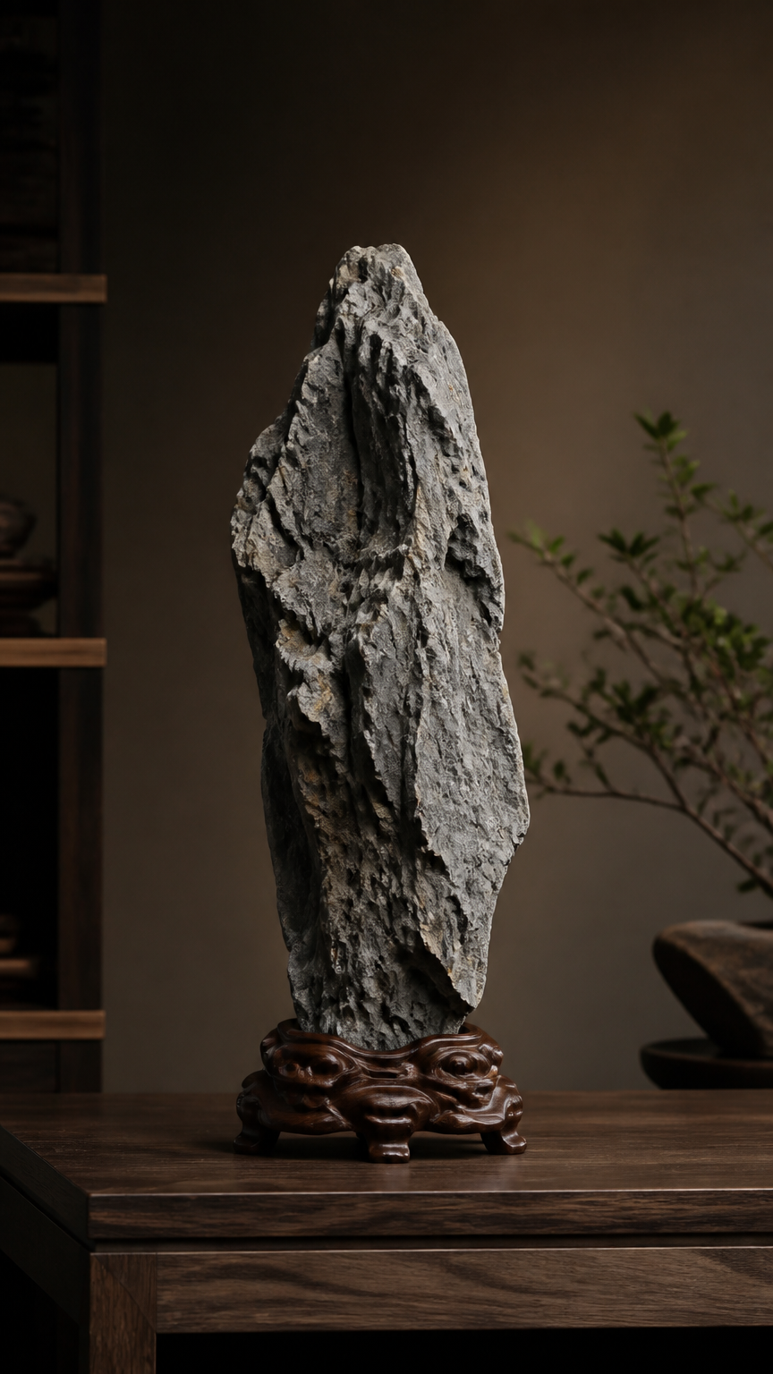 A tall, wrinkled gray scholar's rock mounted on a custom carved wooden stand, sitting on a minimalist wooden desk...