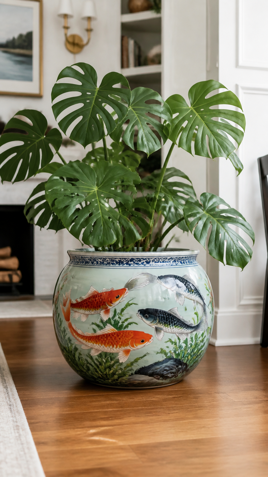 A large round porcelain fish bowl decorated with swimming carp, holding a lush green monstera plant, sitting on a har...